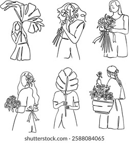 A collection of minimalist line art illustrations featuring elegant women with flowers and botanical elements, representing beauty, nature, and harmony in a modern artistic style.