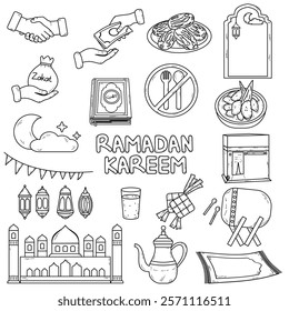 Collection of minimalist line art of a mosque, crescent moon, minarets, lantern, Kaaba, dates fruit, handshake, zakat, hand giving money, ketupat, kolak ideal for Ramadan or Muslim events.