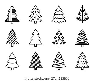 Collection of minimalist line art vector icons featuring various Christmas tree designs.
