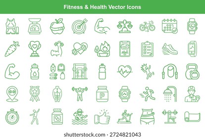 Colección de iconos vectoriales minimalistas de arte lineal relacionados con la aptitud y la salud, incluidos equipos de ejercicio, símbolos de nutrición y actividades de bienestar, que promueven un estilo de vida saludable.