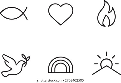 Uma coleção de desenhos de linhas minimalistas representando elementos-chave da fé e simbolismo espiritual.