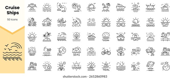 Collection of minimalist line icons depicting various cruise ship themes, showcasing activities like sailing, ocean views, and beach settings.