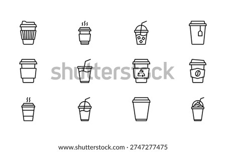 Collection of minimalist line icons featuring various disposable coffee and tea cups for takeout.