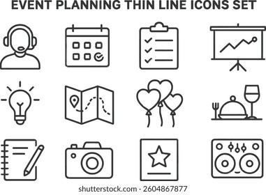 Collection of minimalist line icons illustrating key components of event planning, including calendars, checklists, and celebration items. Ideal for designers and planners seeking inspiration.