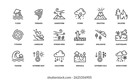 Uma coleção de ícones de linha minimalista representando vários desastres naturais em estilo contornado com traçado editável