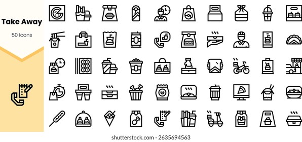 A collection of minimalist line icons representing various takeaway food items and delivery services, designed for modern dining apps and websites.