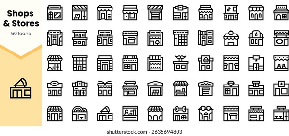 A collection of minimalist line icons representing various shops and stores, showcasing a modern aesthetic suitable for digital and print design.