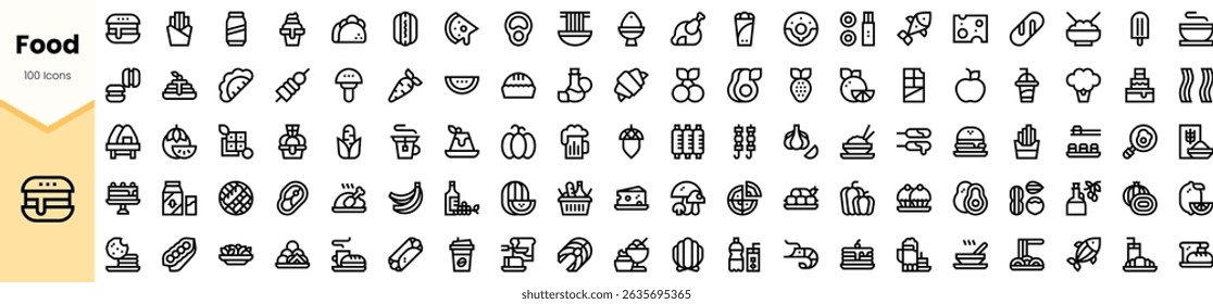 A collection of minimalist line icons representing various food items, including fruits, vegetables, desserts, and beverages, ideal for culinary designs.