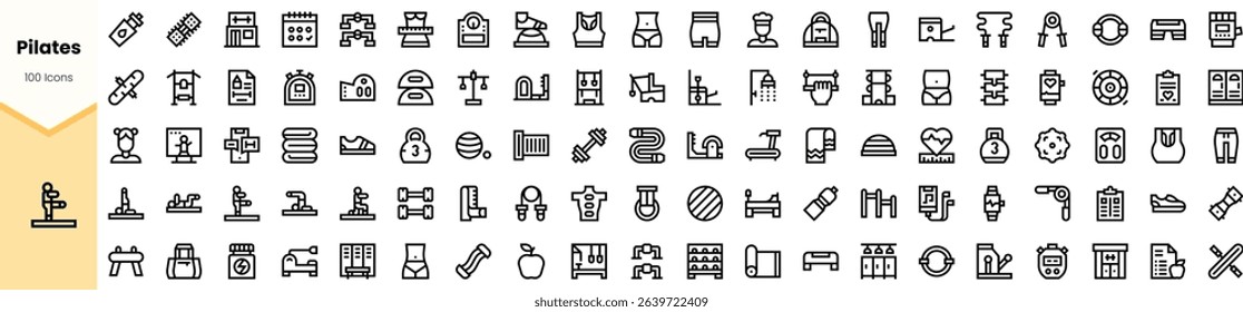 A collection of minimalist line icons representing various Pilates exercises and equipment, showcasing a fitness theme in black .