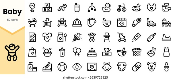 A collection of minimalist line icons representing various baby-related items, including toys, clothing, and accessories, ideal for childcare themes and designs.