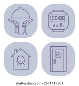 Collection of minimalist line icons representing essential services and technologies. Food service cloche, smart watch, home with bell, and door with viewer