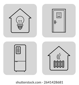 Collection of minimalist line icons representing essential home elements. Included light bulb, entry door, refrigerator, and heating device, suitable for various design projects