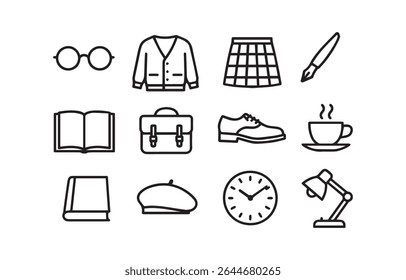 A collection of minimalist line icons representing elements of education, fashion and school supplies on a white background