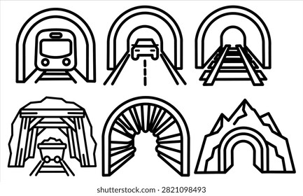 A collection of minimalist line icons representing various types of tunnels including road, rail, mining, and mountain passages for transport and infrastructure design projects.