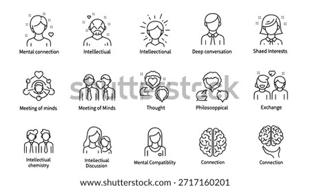 A collection of minimalist line icons representing concepts of mental connection, intellectual compatibility, and deep conversation. Icons include people, brains, and hearts.