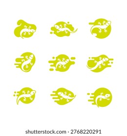 A collection of minimalist lizard and gecko logo templates in lime green. Flat vector icons featuring lizard silhouettes on abstract shapes for brand identity and graphic design.