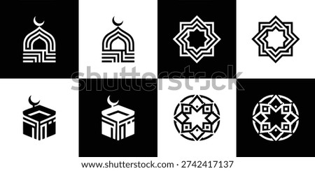 A collection of minimalist logos featuring Islamic religious symbols (Mosque, Kaaba, Crescent) and traditional geometric star patterns in modern line art style.