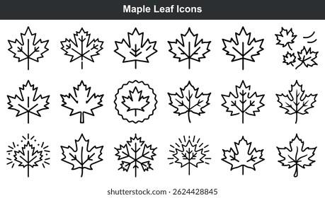 Collection of minimalist maple leaf icons in a variety of simple outlines and styles