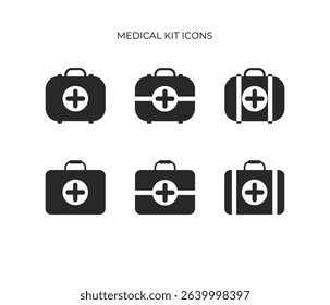 Collection of minimalist medical bag icons with cross symbols, illustrating diverse styles suitable for healthcare, emergency, or first aid themes.