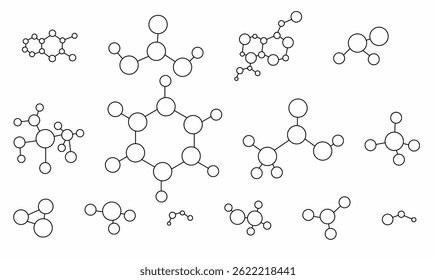 Coleção de ícones de estrutura de molécula minimalista no estilo de arte em linha. Excelente para ciência, química, biotecnologia, educação e design de infográficos médicos.