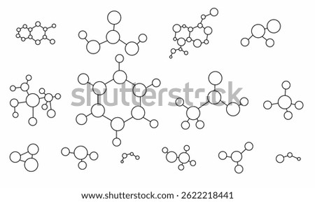 Collection of minimalist molecule structure icons in line art style. Great for science, chemistry, biotech, education, and medical infographic design.