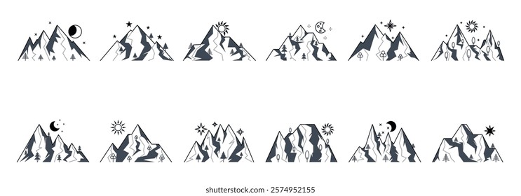 A collection of minimalist mountain range illustrations featuring celestial bodies like the sun, moon, and stars.