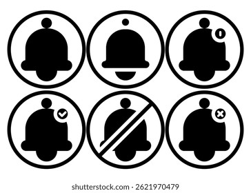 A collection of minimalist notification bell icons in various styles. Perfect for UI or UX design, settings button, mobile apps, and web interfaces. Editable.
