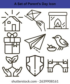 Collection of minimalist outline icons displays images of a house, kite, fireplace, gift, airplane, bird with food, plant in hands, shield, and a bridge.