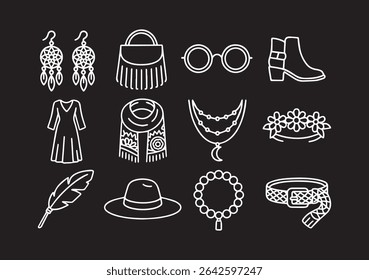 A collection of minimalist outlines of popular fashion accessories. Bohemian style accessories ideal for fashion designs.