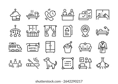 A collection of minimalist, outline-style icons representing various hotel amenities and services on a white background.