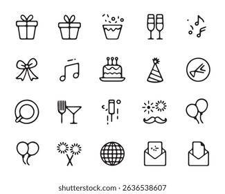 Collection of minimalist party icons in a distinctive silhouette style.