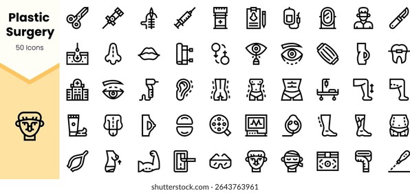 A collection of minimalist plastic surgery icons featuring tools, procedures, and symbols, showcasing the artistry and precision in cosmetic enhancements.