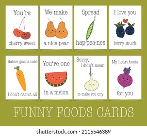 Collection minimalist postcards with funny cartoon fruits and vegetable. Set of cute vector greeting cards with happy wishes. Wishes for valentines day and every day.