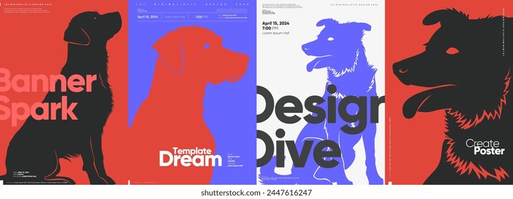 A collection of minimalist posters with dog silhouettes and large typographic elements.