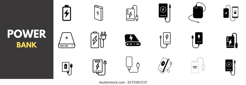 A collection of minimalist power bank and portable charging device icons featuring various styles of power banks, battery indicators, and charging symbols.