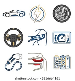 A collection of minimalist, premium-style vector icons representing electric vehicle components, including charging, battery technology, and car design.
