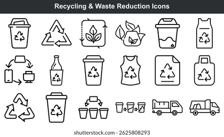 Collection of minimalist recycling and waste reduction icons in various shapes and styles.
