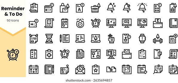 A collection of minimalist reminder and to-do icons, featuring various symbols like clocks, notebooks, and checklists, perfect for digital organization tools.