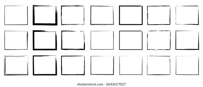Coleção de elementos quadrados minimalistas e ásperos em estilos sólidos e contornados com textura de pincel esboçado para aplicações criativas versáteis.