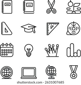 Collection of minimalist school and education themed icon vector illustrations in black outline style