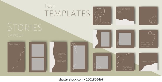 Collection of minimalist social media templates. Backgrounds for posts and stories. Square backgrounds with organic shapes and lines