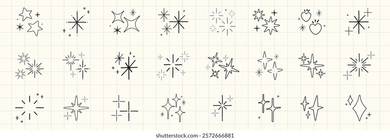 A collection of minimalist star and sparkle icons. Stars and sparkles in various designs. Simple star and sparkle illustrations on a grid background. Element vector set.