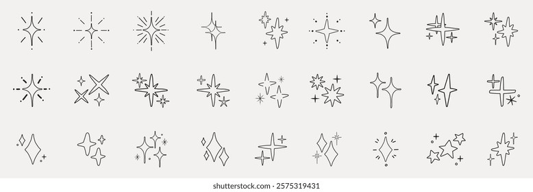 A collection of minimalist star and sparkle icons. These star icons and sparkle designs are perfect for adding a touch of elegance and shine to any project. Element vector set.