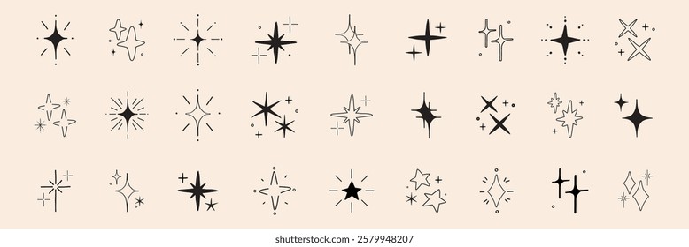 Collection of minimalist star and sparkle icons. Various star shapes and sparkle designs. Simple, elegant star and sparkle illustrations in black. Element vector set.