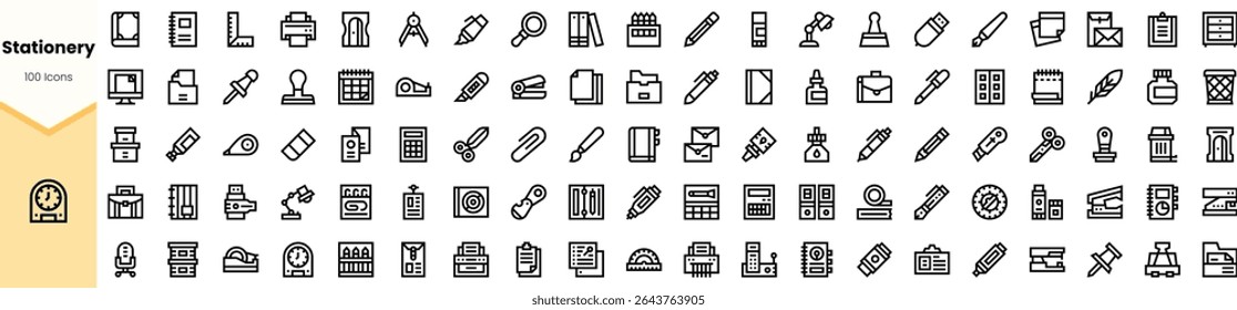 A collection of minimalist stationery icons featuring various office supplies and tools, ideal for digital design and educational themes.