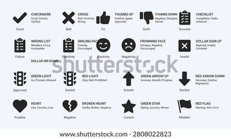 Collection of minimalist status symbols for user interface design featuring checkmarks crosses thumbs up down hearts stars arrows traffic lights and warning flags representing feedback progress success failure approved denied growth decline correct incorrect good bad positivity negativity.