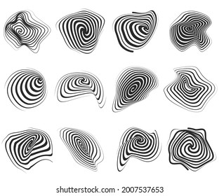 Collection of minimalist style vector illustrations of distorted spiral elements isolated on white background