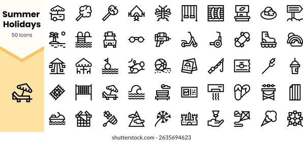 A collection of minimalist summer holiday icons featuring beach, ice cream, and outdoor activities, perfect for summer-themed projects.
