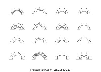 A collection of minimalist sunburst designs in black on a white background.. Each sunburst varies slightly in line length and density, creating a diverse set of abstract, geometric shapes.