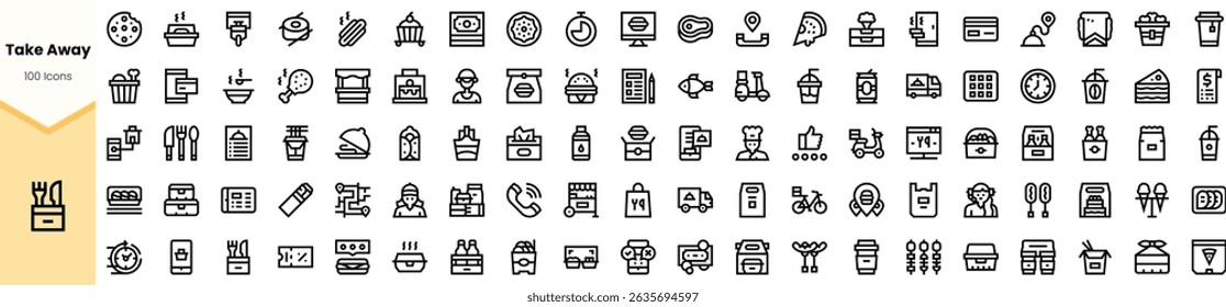 A collection of minimalist takeaway icons featuring food, drinks, and delivery symbols depicted in sleek black line art.